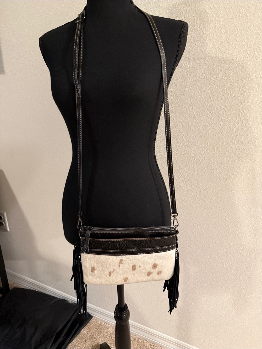 Crossbody Fringe Leather & Haircalf Bag in Black and Cream